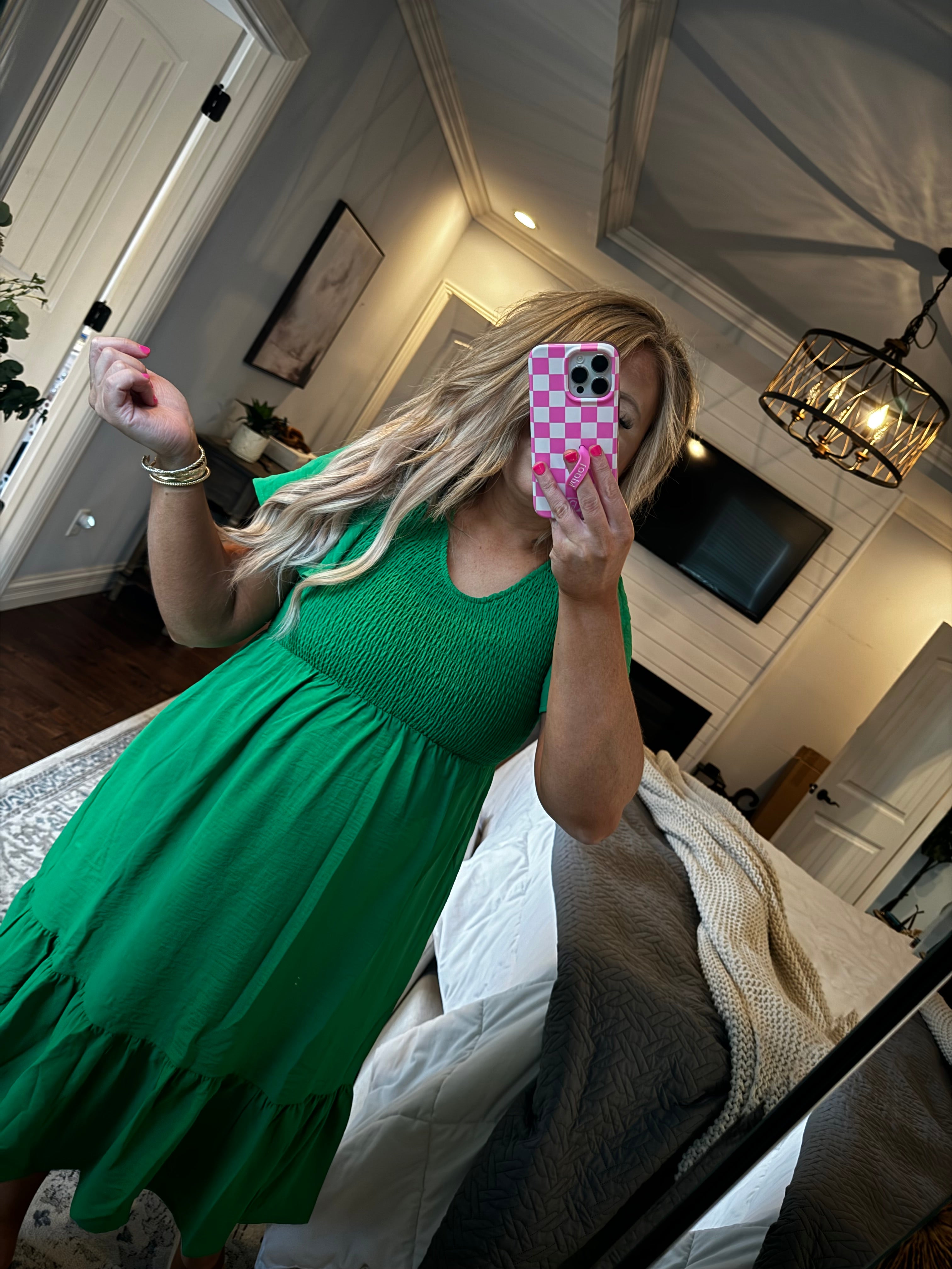 GREEN SMOCKED DRESS