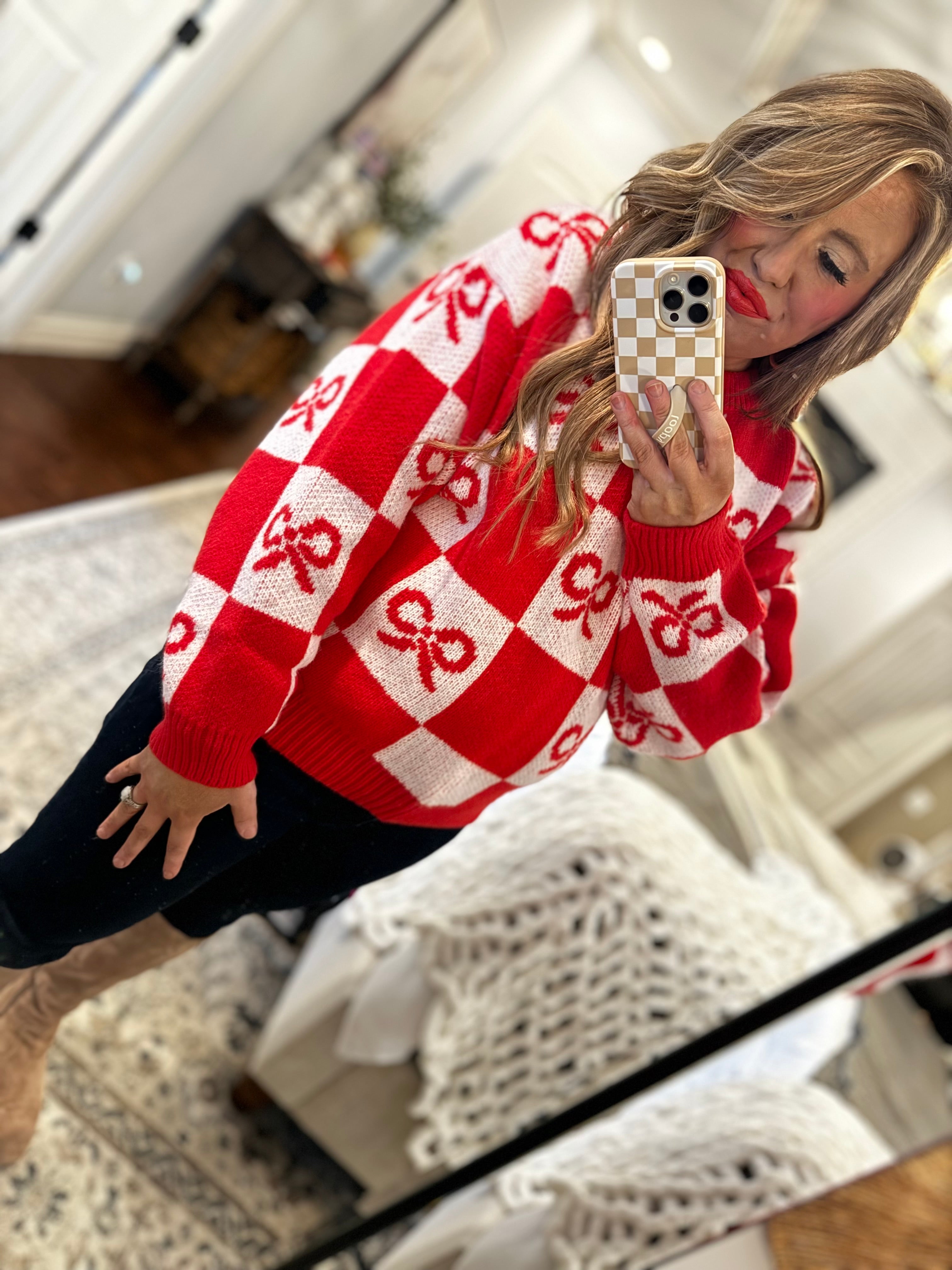 RED CHECKERED BOW SWEATER 6W