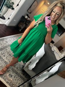 GREEN SMOCKED DRESS