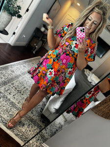 MULTI ORANGE/ PINK/ BLACK FLORAL DRESS