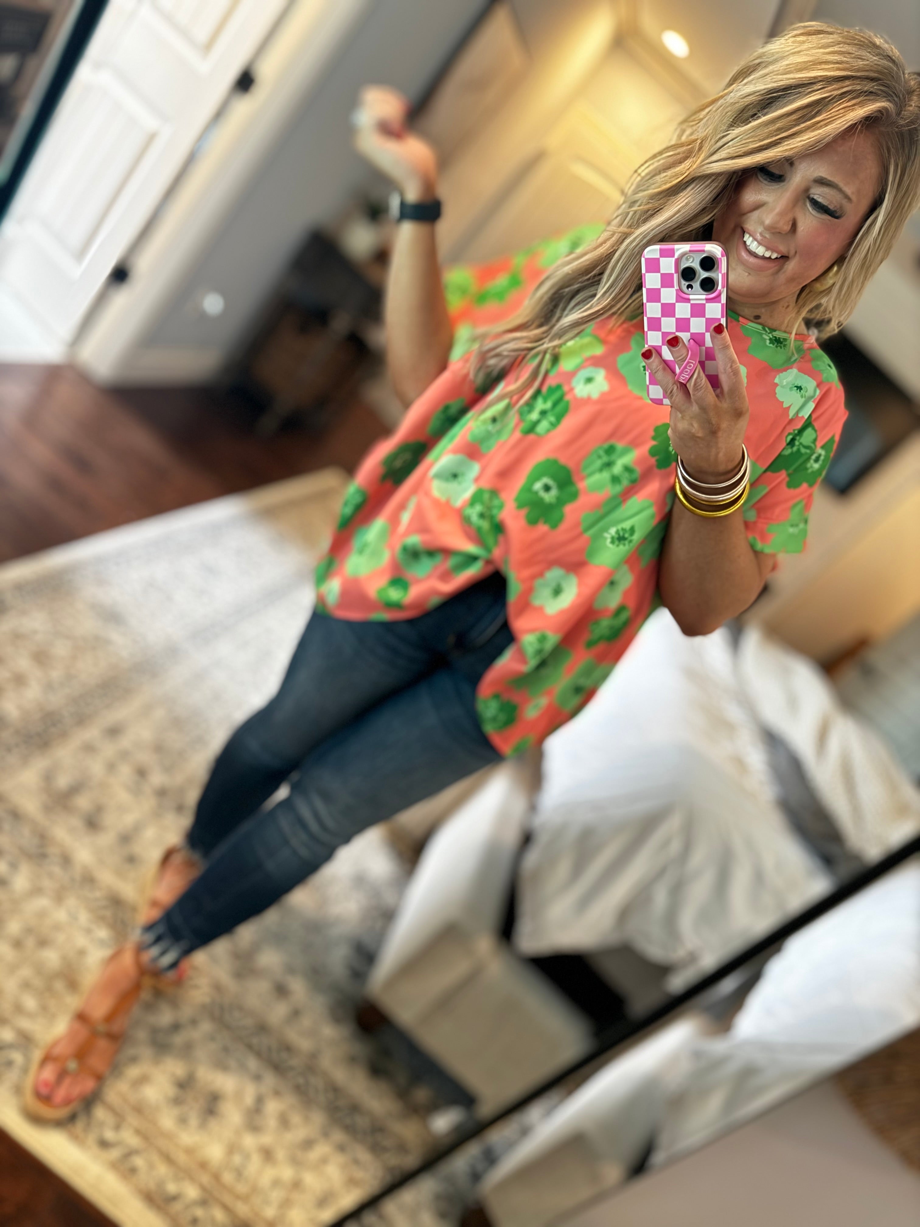 ORANGE/ GREEN FLORAL TOP  28E