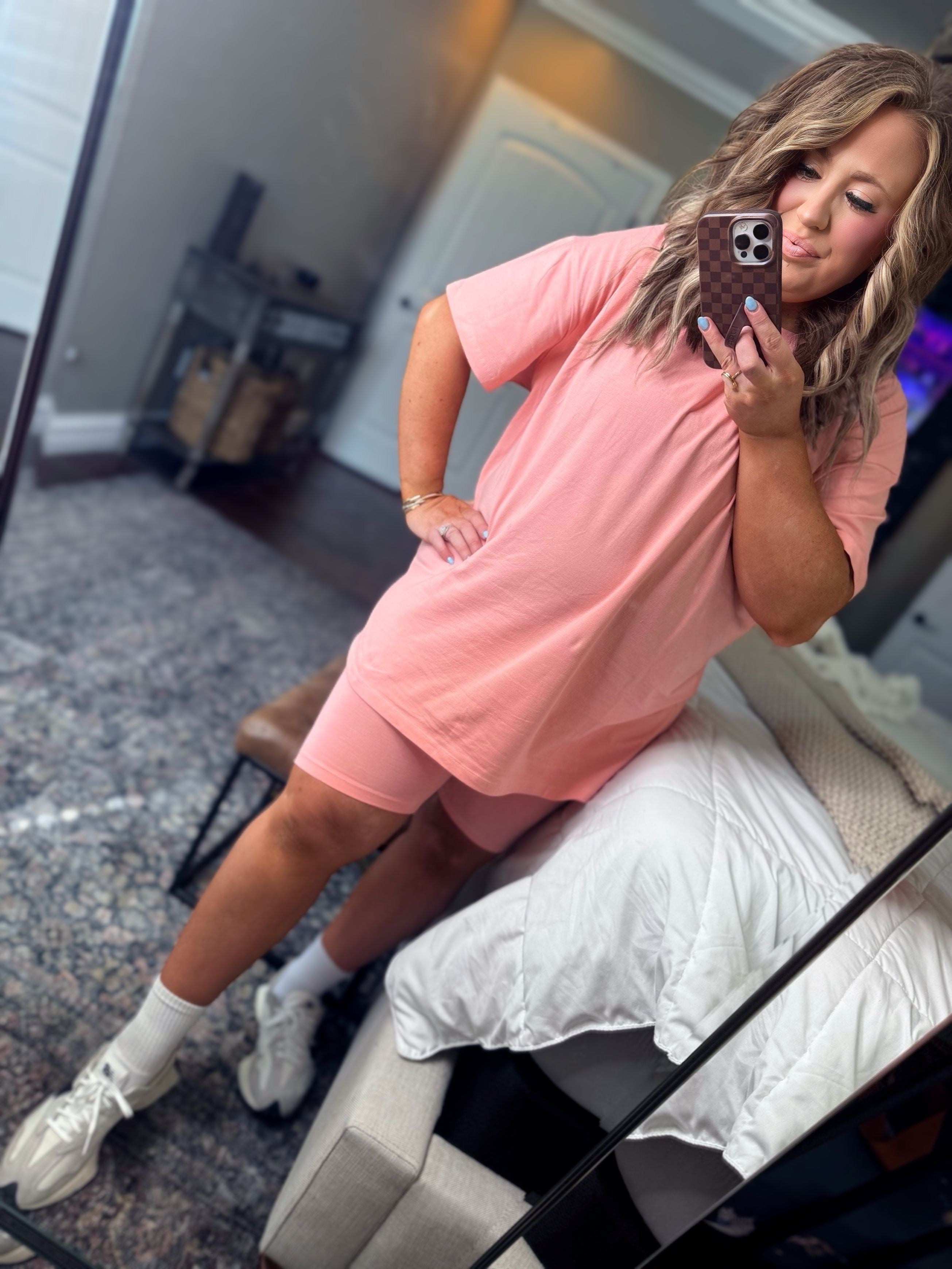 CORAL PINK TOP AND BIKER SHORT SET 2D – Simply Beautiful Boutique