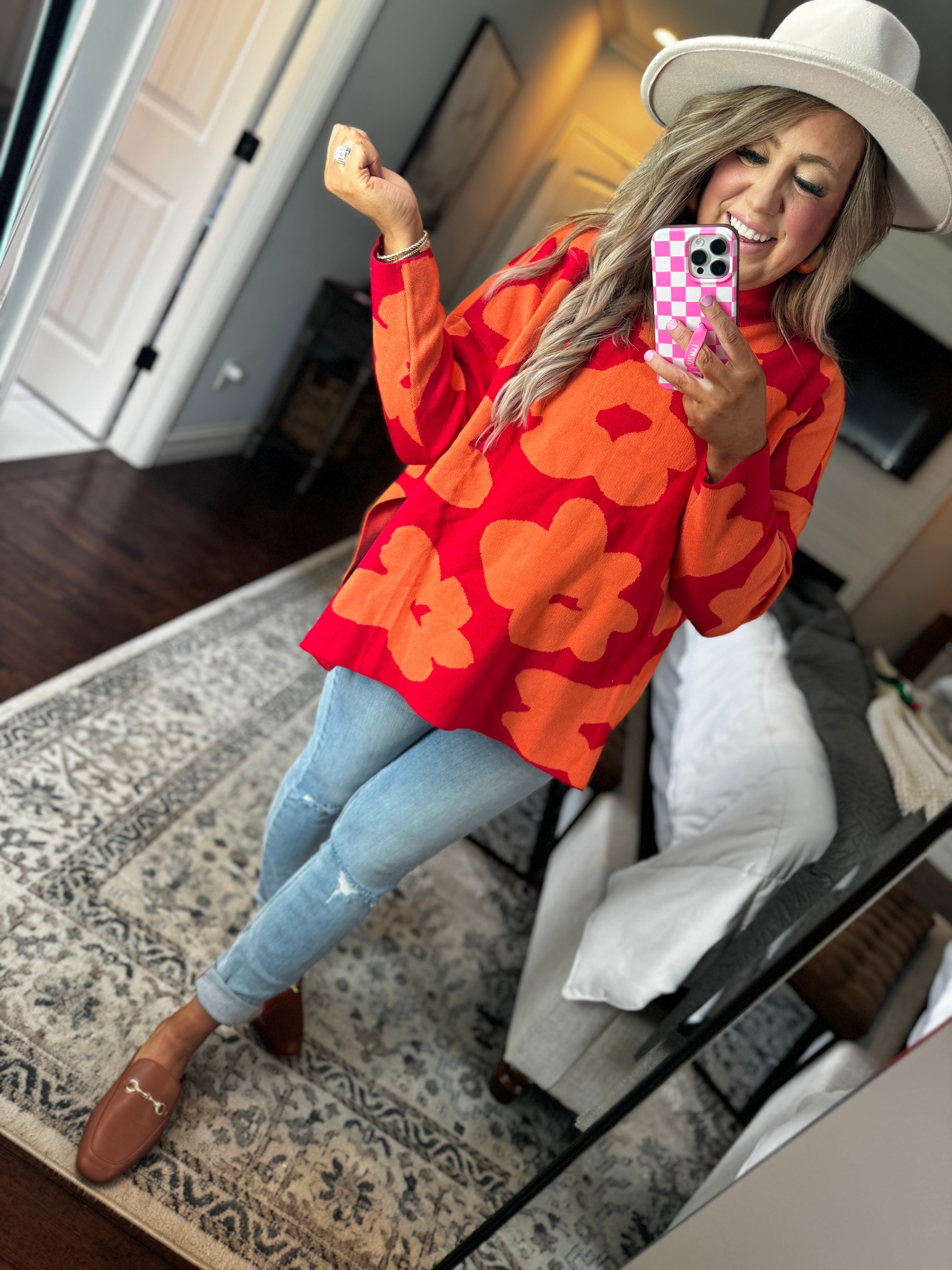 RED/ORANGE FLORAL SWEATER - 25I