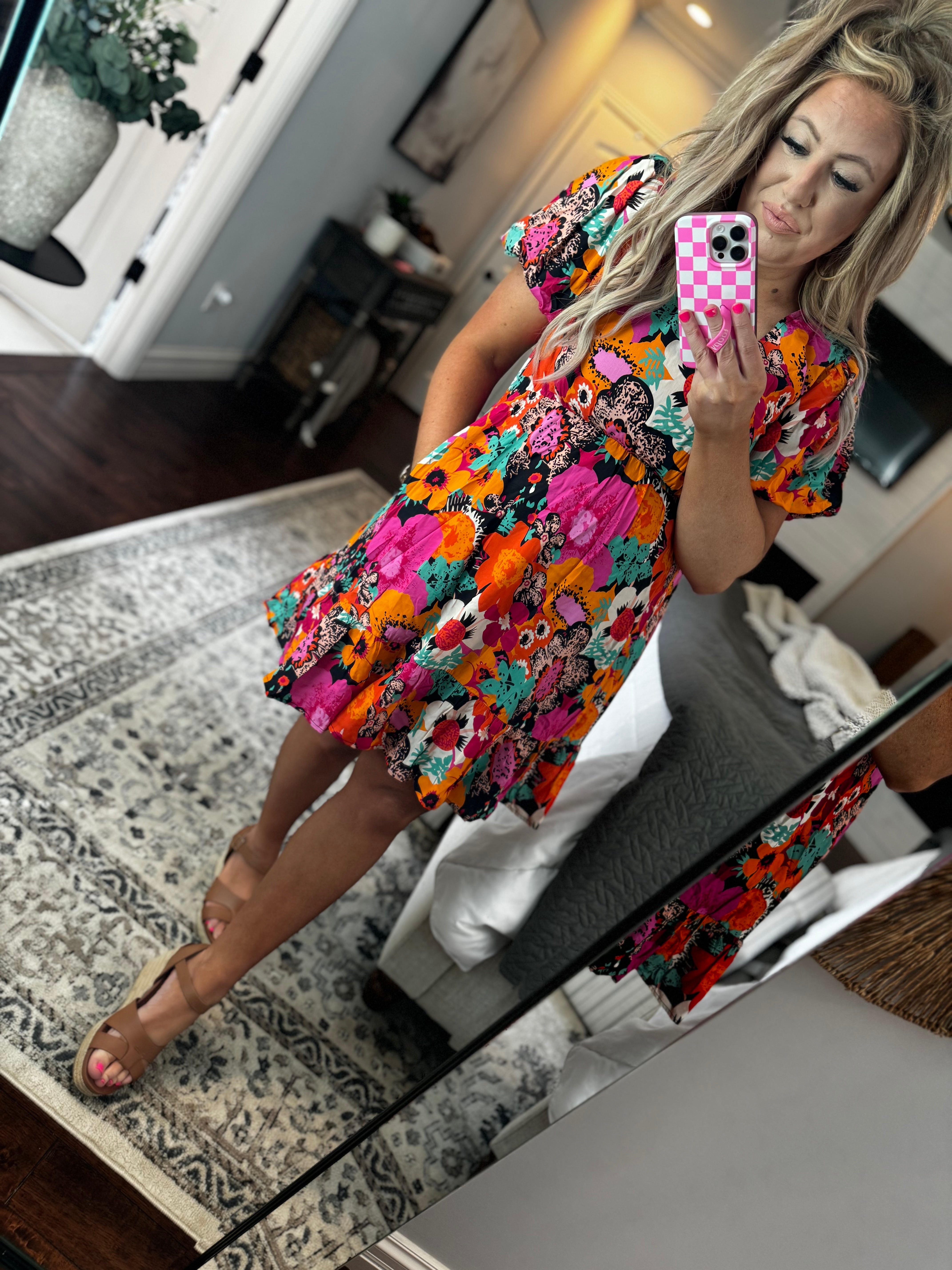 MULTI ORANGE/ PINK/ BLACK FLORAL DRESS